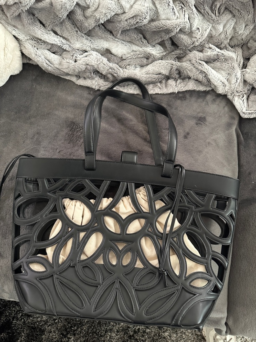 Black Laser-Cut Tote Bag with Cream Liner
